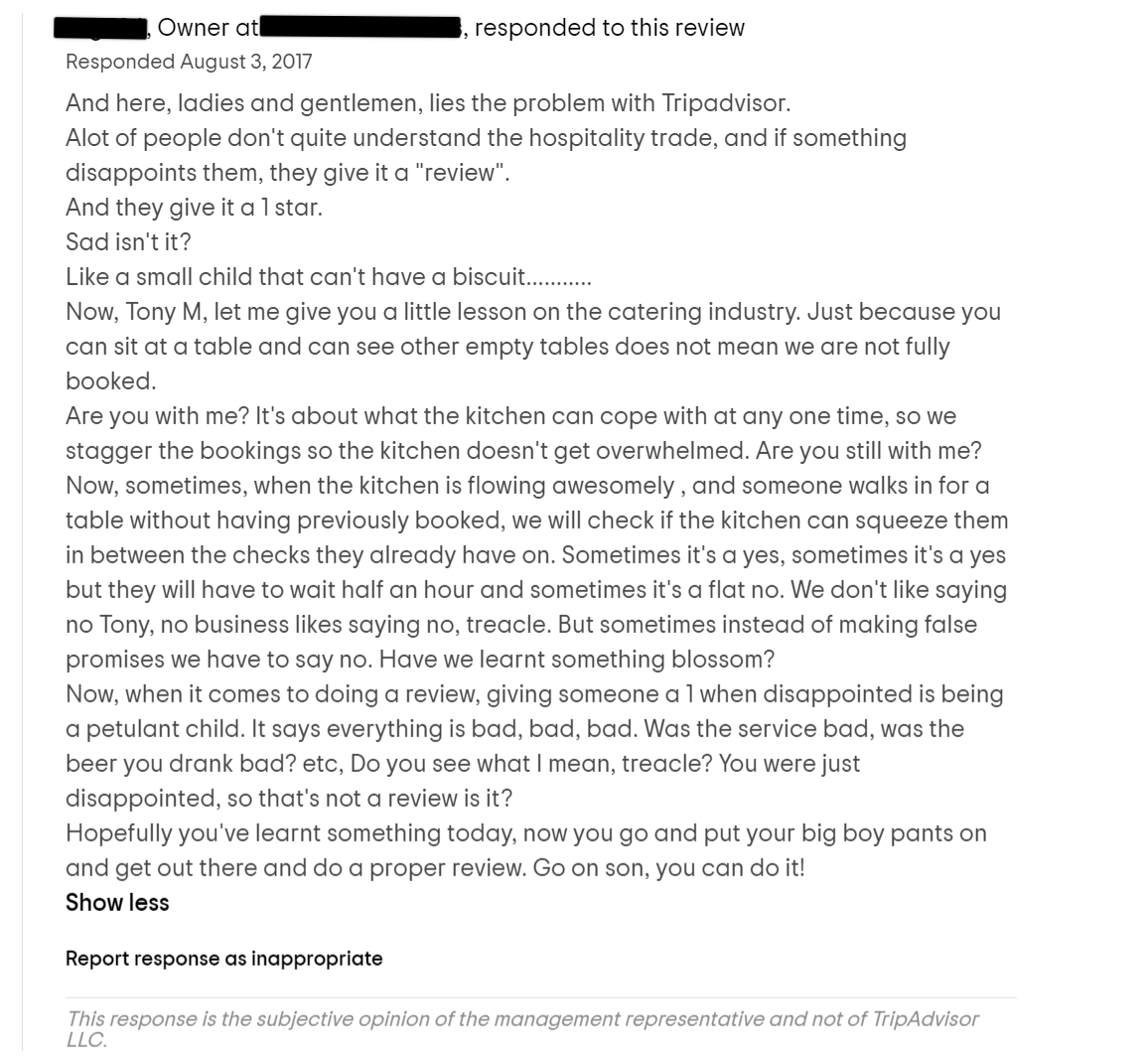 An enraged business owner unleashes fire upon a negative reviewer