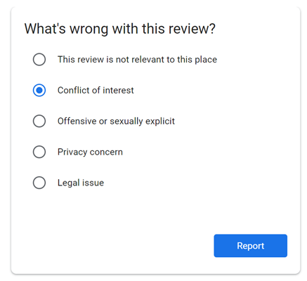 Users can flag and report suspicious reviews with Google