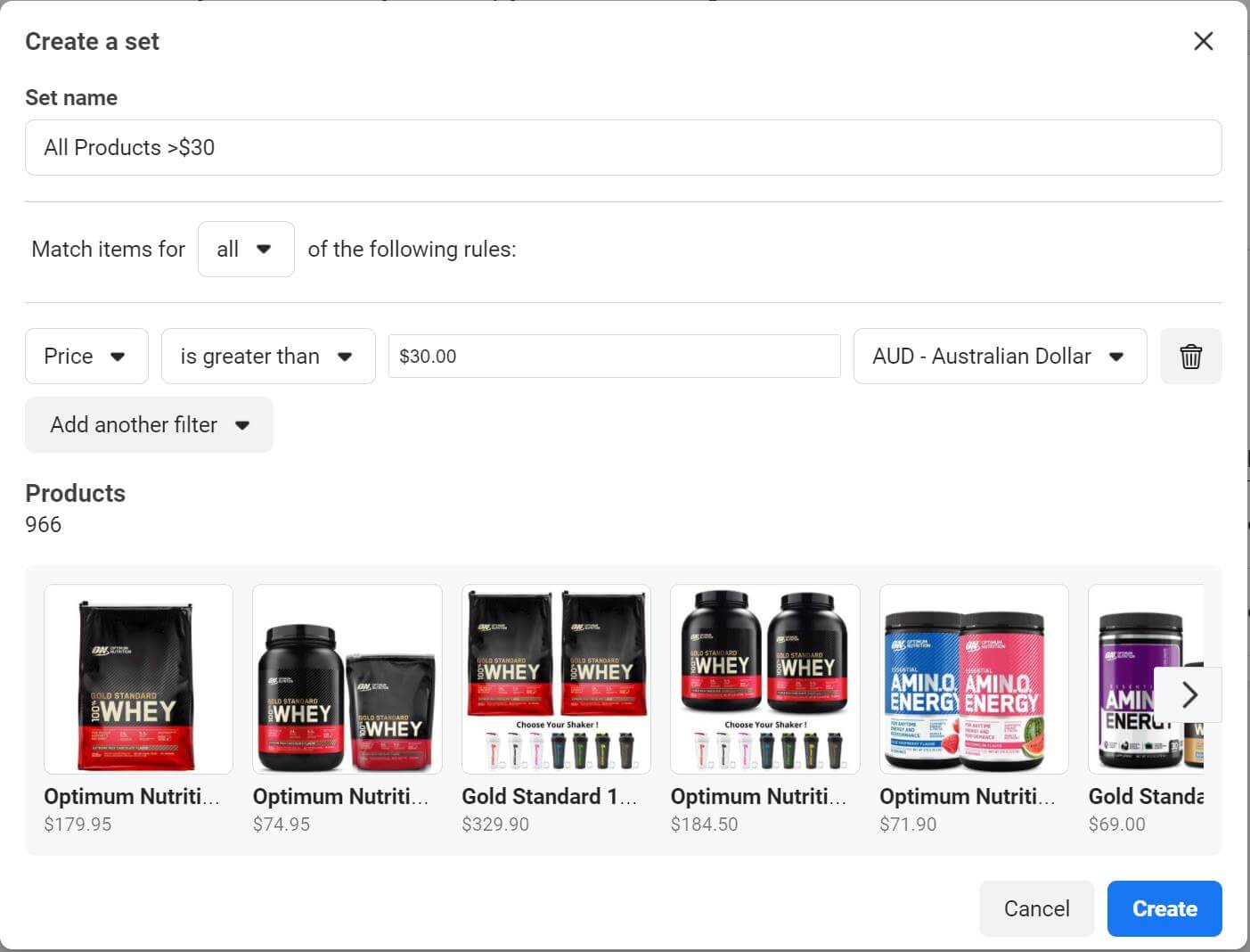 Create "sets" inside your Facebook catalog before you advertise
