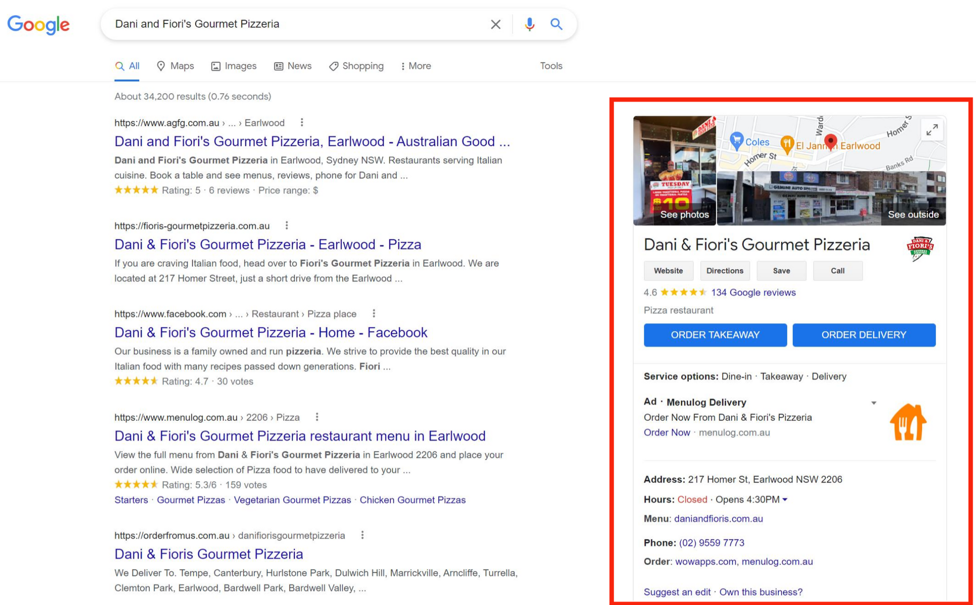 Detailed information to the right of a Google search of a business: Dani and Fiori's Gourmet Pizzeria