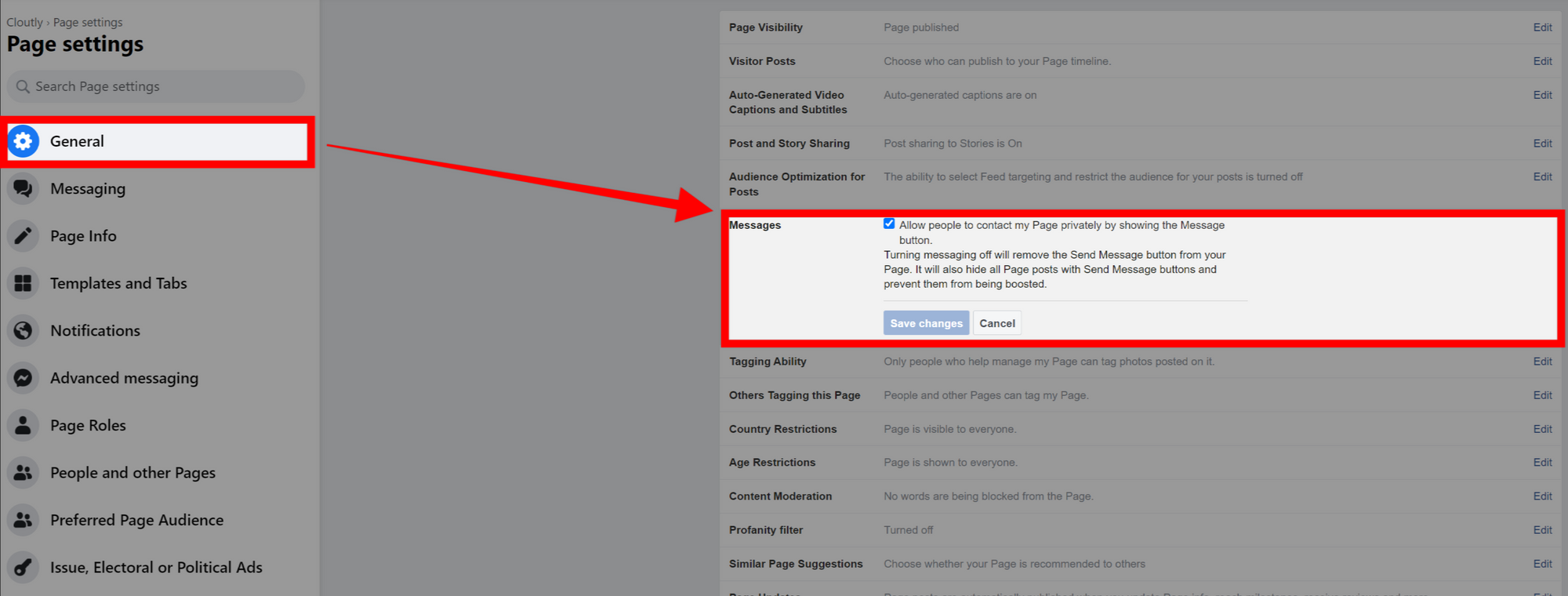 how to disable messenger on facebook business page