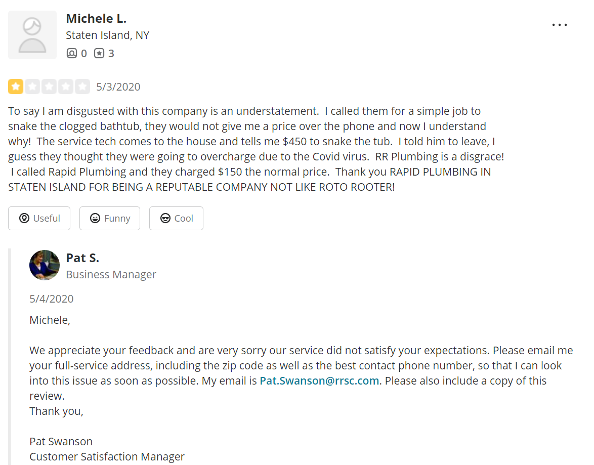 Negative Yelp review with a polite response from the Customer Satisfaction Manager