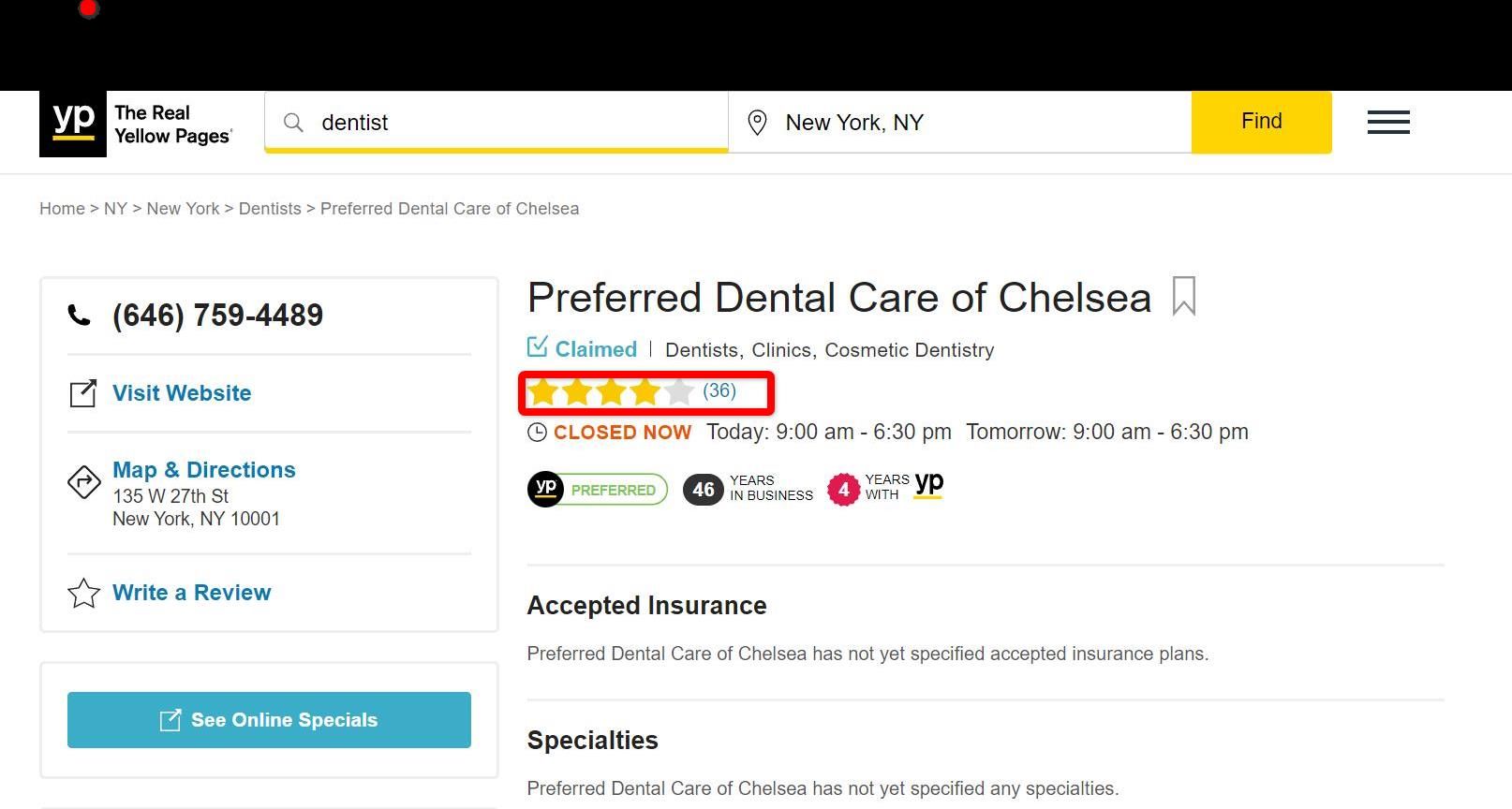 Dentist listed on the Yellow Pages