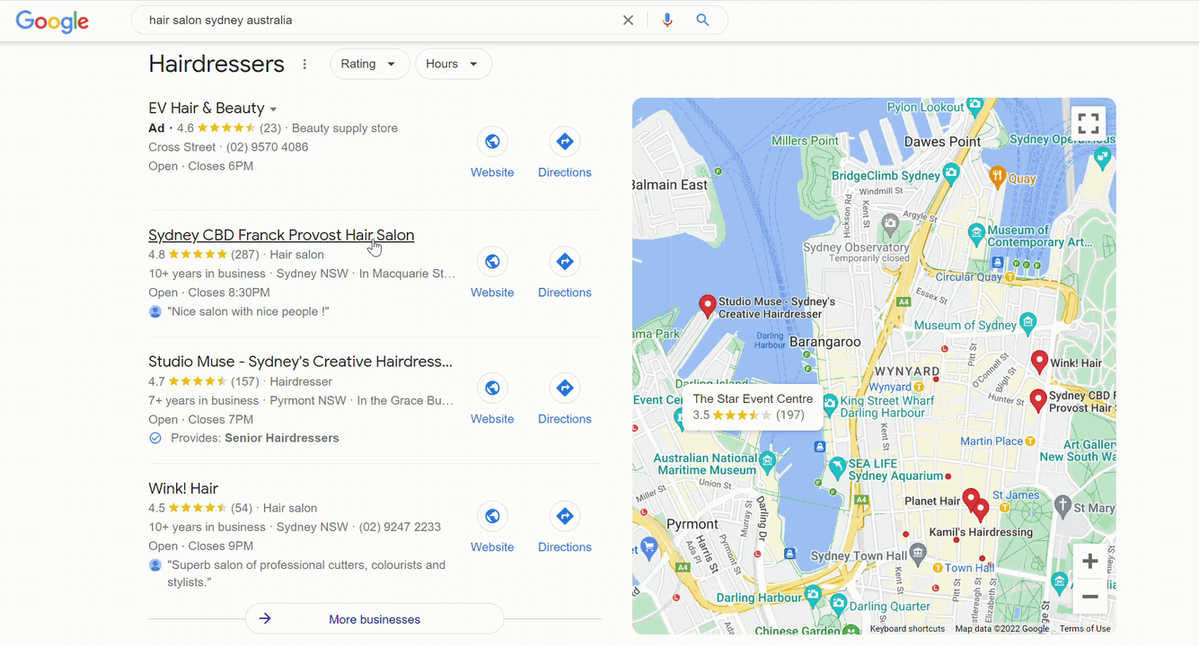 Google Maps results for hair salon in Sydney, Australia (showing the reviews)