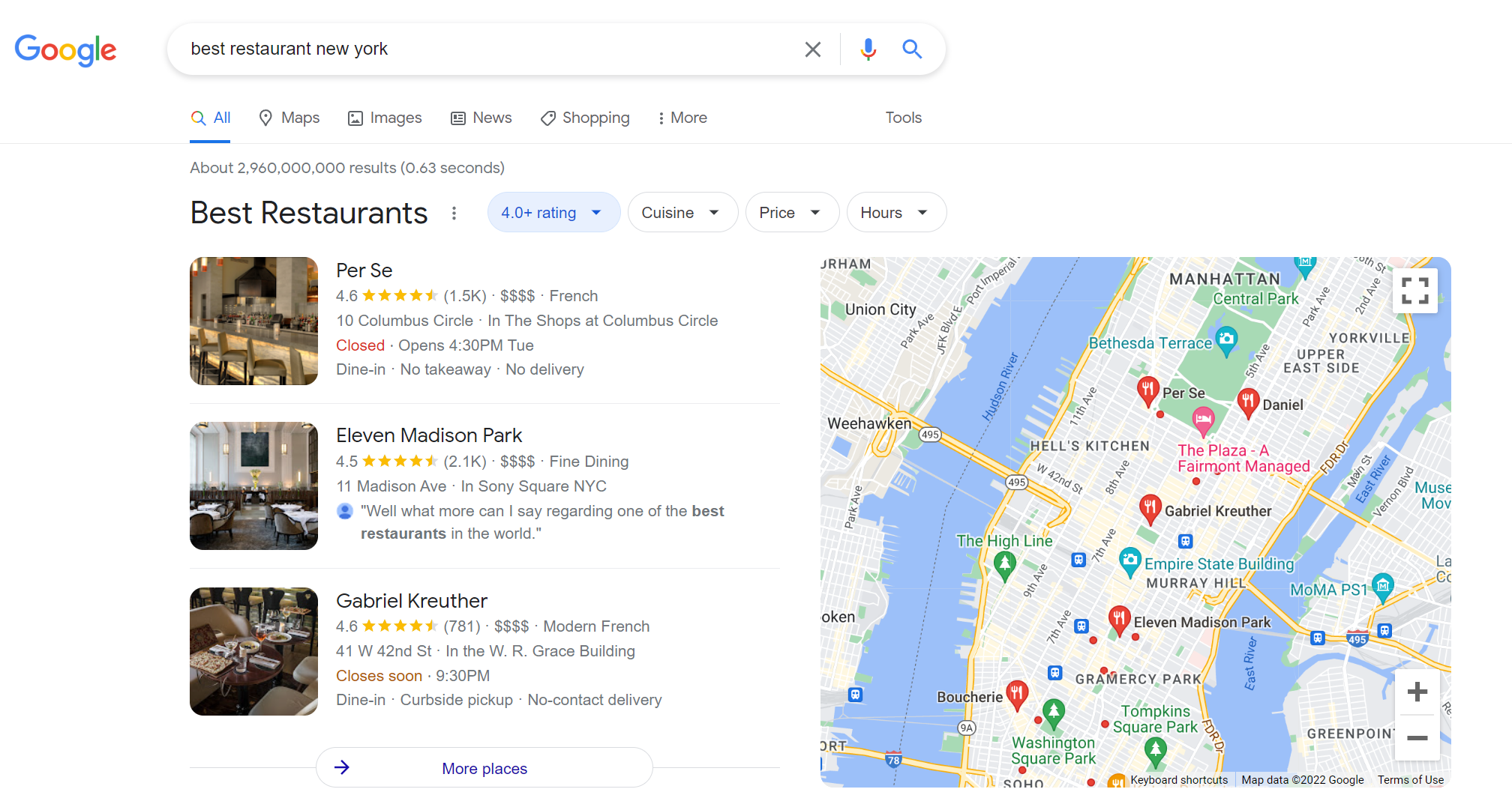 Google Maps results for: best restaurant New York