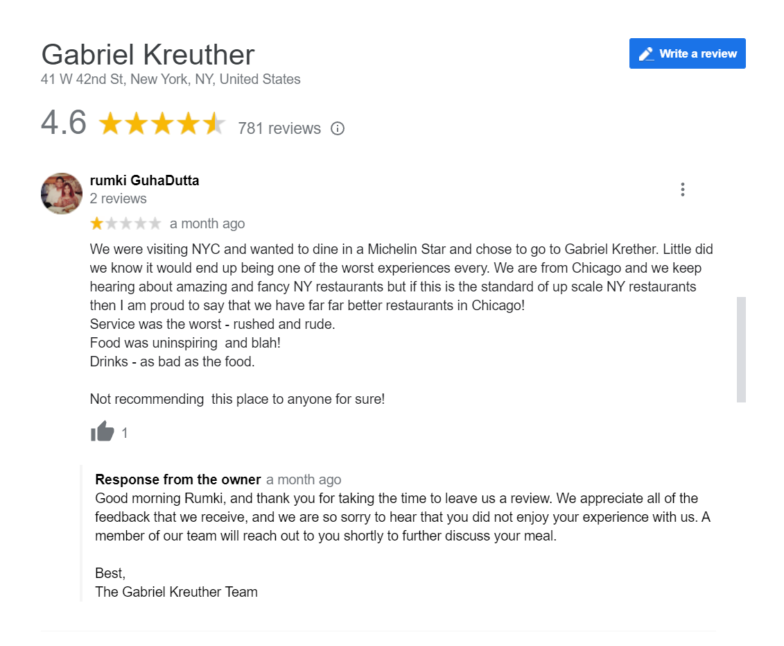 Owner of restaurant, Gabriel Kreuther in New York, USA, responding to a one-star review