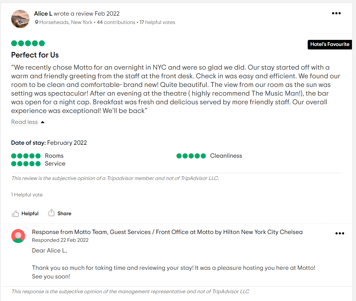 Positive review response on Tripadvisor