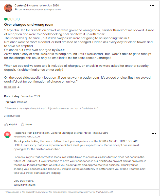 Negative review response on Tripadvisor