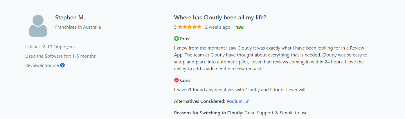 5-star review from Stephen titled, 'Where has Cloutly been all my life?'