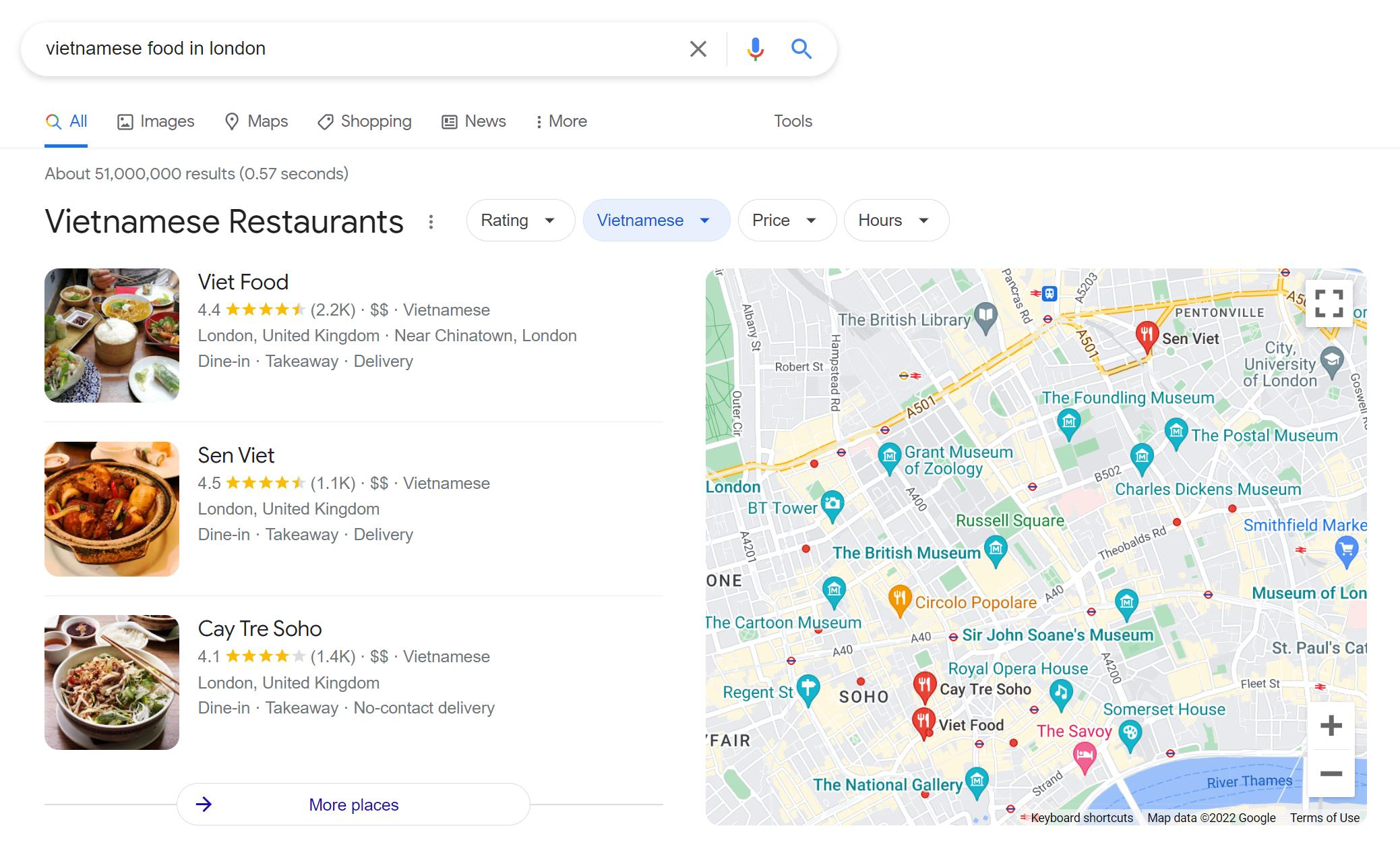 Google Maps results for Vietnamese food in London with easy-to-read reviews