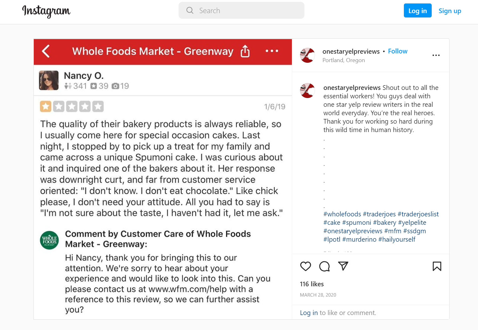 One star Yelp review Instagram page showing a negative review, and a well-written response to the review