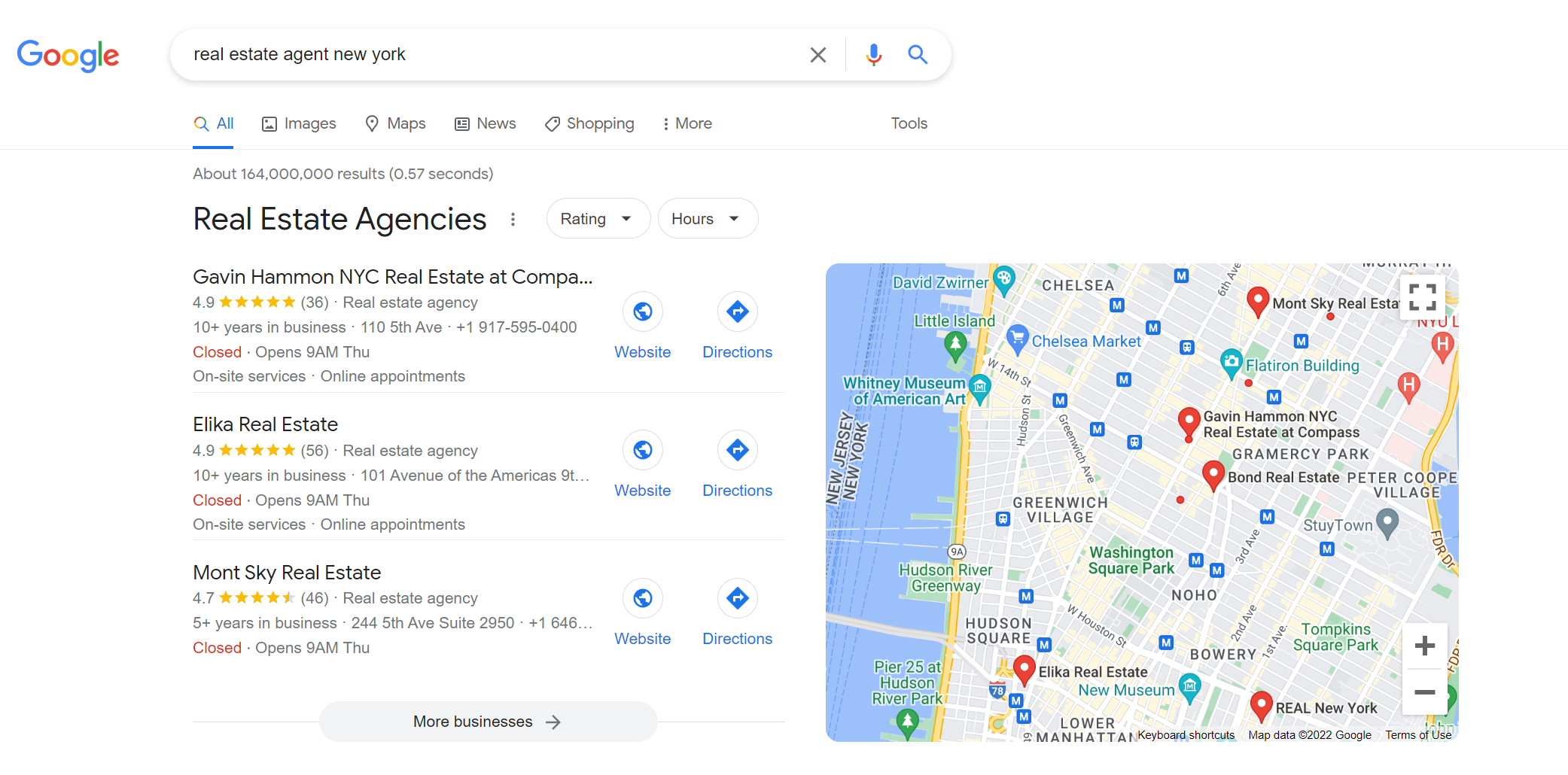 Results for real estate agent New York, showing Google Maps reviews