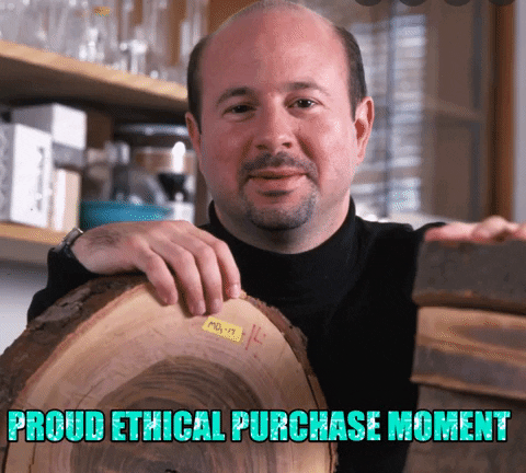 Person saying, "proud ethical purchase moment"