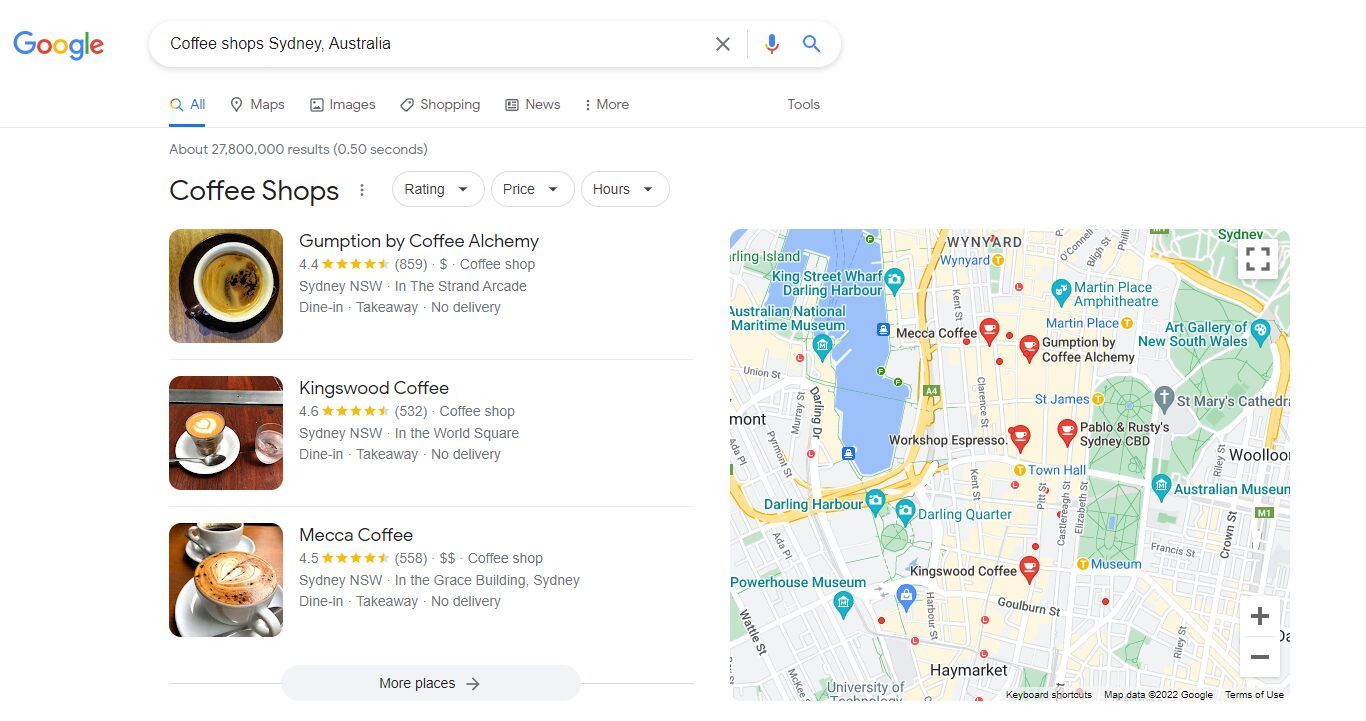 Screenshot of Google's 3-pack for a coffee shop search in Sydney, Australia