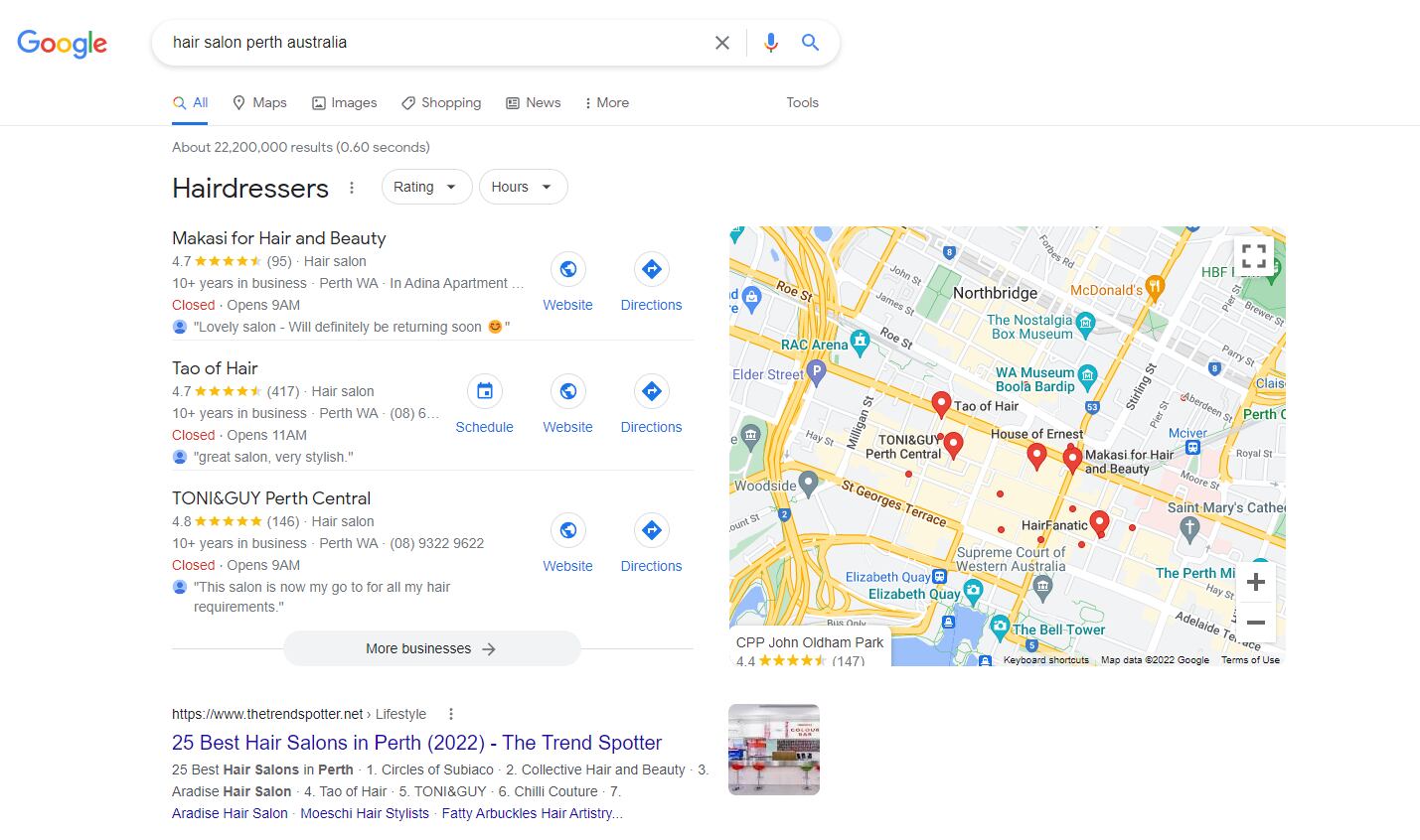 Hair salon results for Perth, Australia