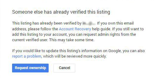 Message from Google stating, "someone else has already verified the listing"