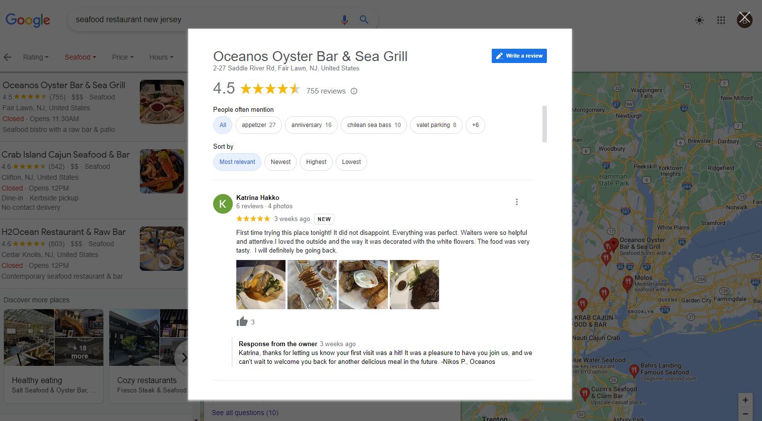 Seafood restaurant review on Google