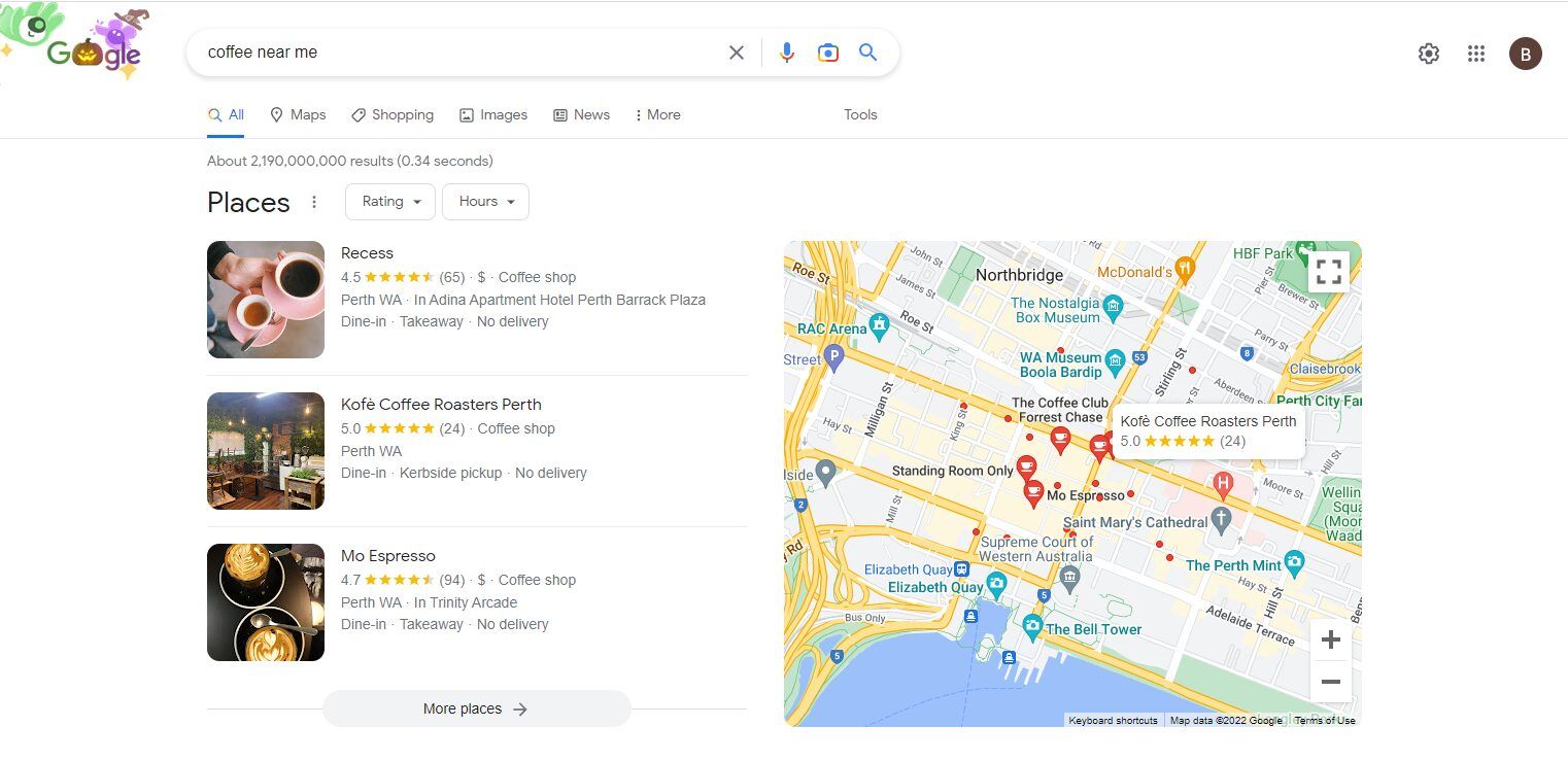 'Coffee near me' search results including the Google Map Pack