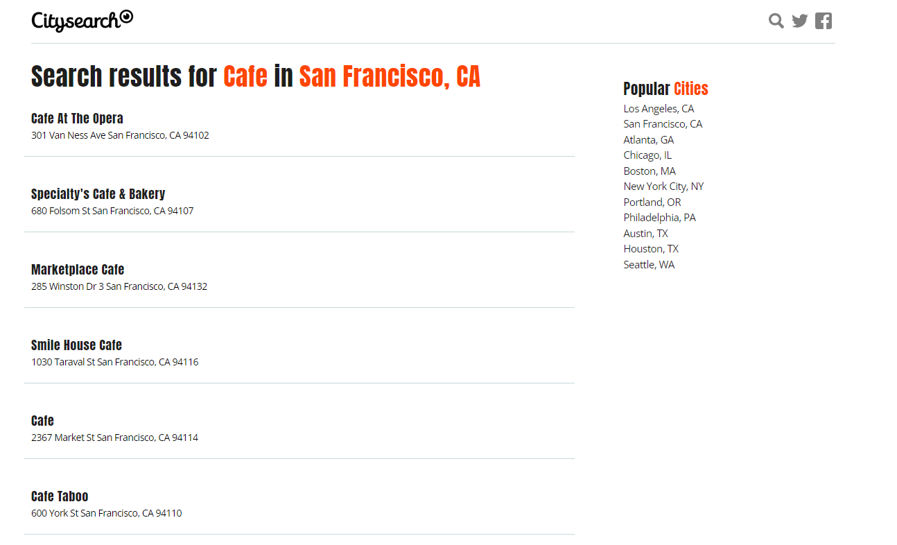 Screenshot of Citysearch search: cafes in San Francisco, CA