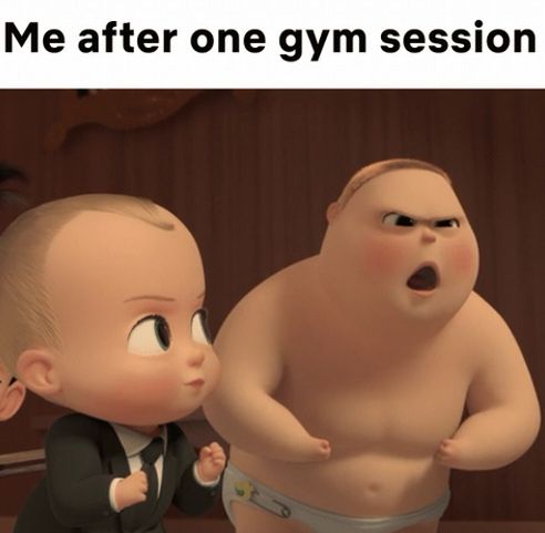 Boss Baby and friend squeezing muscles in a mirror with the caption, "me after one gym session"