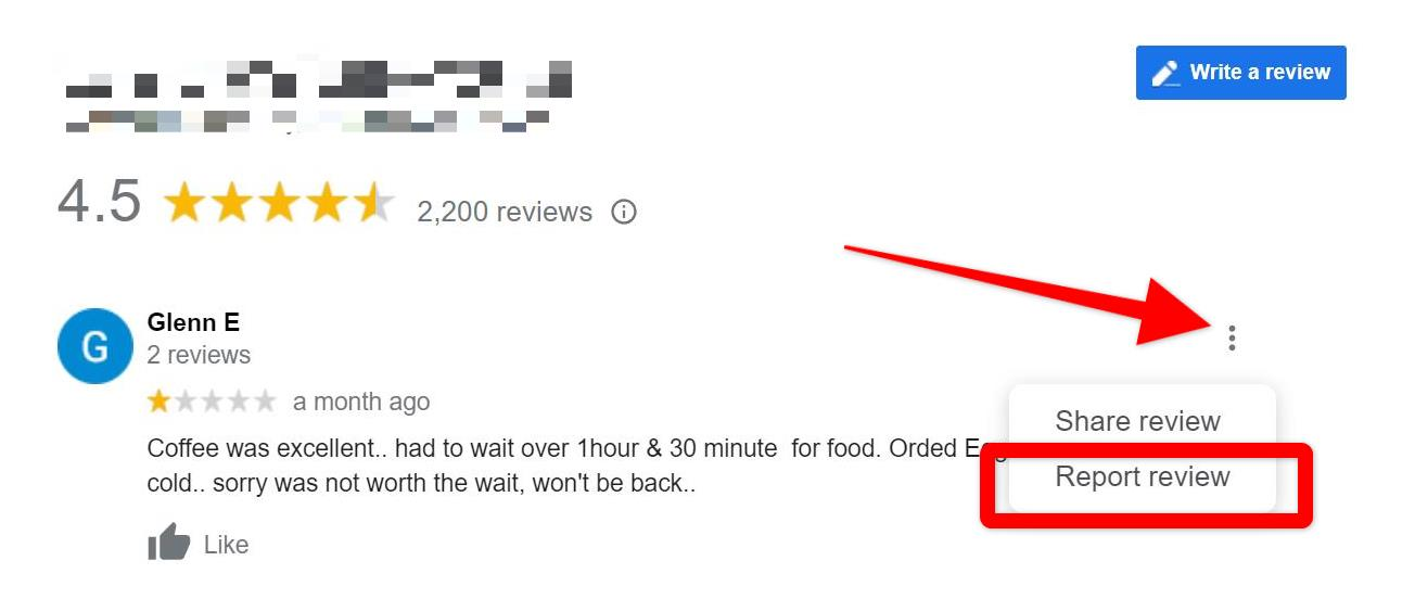 Report review button to delete a Google review