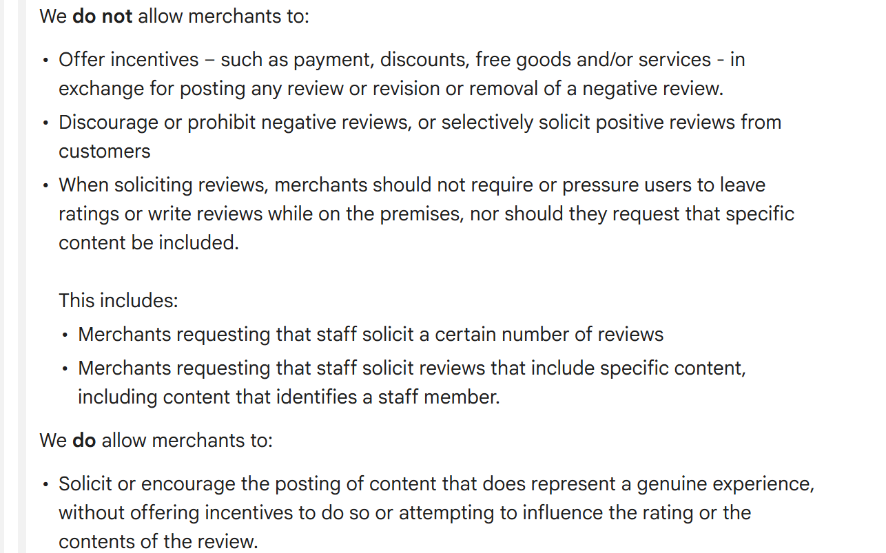 Google's Business Profile policy page listing what merchants may not do when asking for reviews: offer incentives, discourage negative reviews, selectively solicit positive ones, or pressure customers on the premises