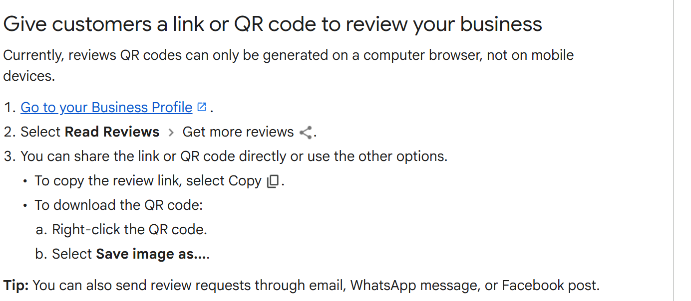 Google Business Profile help page listing the steps to create a review link: go to your Business Profile, select Read Reviews then Get more reviews, then select Copy to copy the link or right-click the QR code to save it