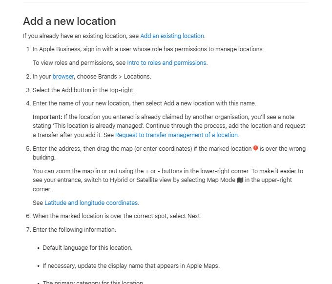 Apple Business User Guide page listing the numbered steps to add a new location, including choose Brands then Locations, select Add, and the warning note that reads This location is already managed