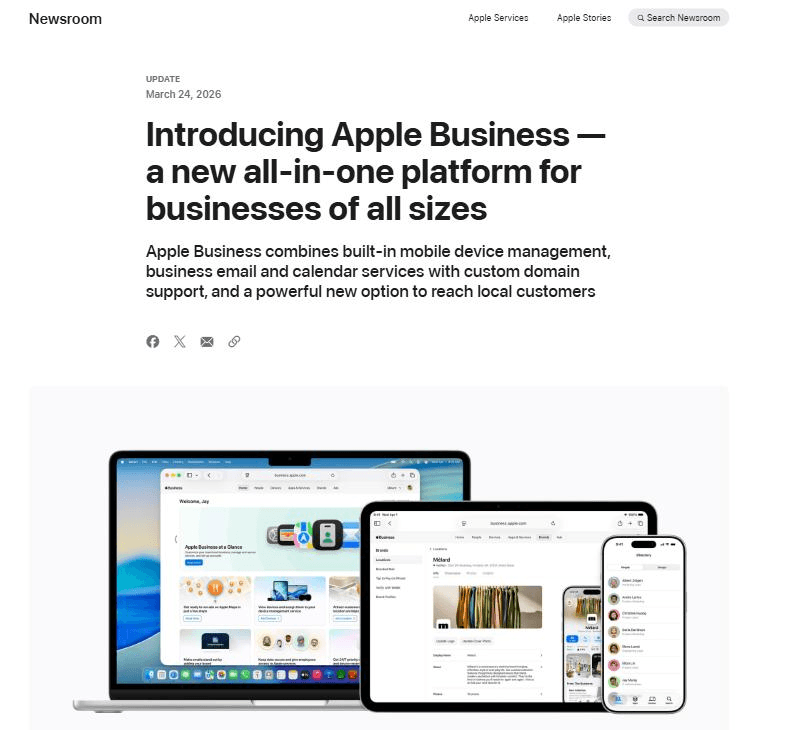 Apple newsroom post dated March 24 2026 headlined Introducing Apple Business, above a Mac, iPad and iPhone showing the Apple Business dashboard with a Brands and Locations menu
