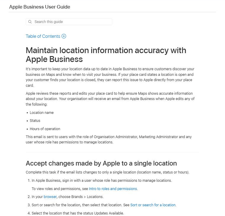 Apple Business User Guide page titled Maintain location information accuracy, listing location name, status and hours of operation as the three attributes Apple edits from customer reports, and the step to select the location with the status Updates Available
