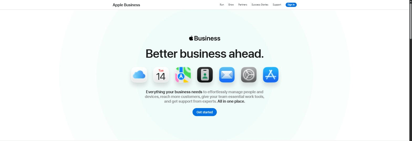 The business.apple.com landing page reached by typing businessconnect.apple.com, headlined Better business ahead, with app icons for iCloud, Calendar, Maps, Wallet, Mail, Settings and the App Store above a Get started button