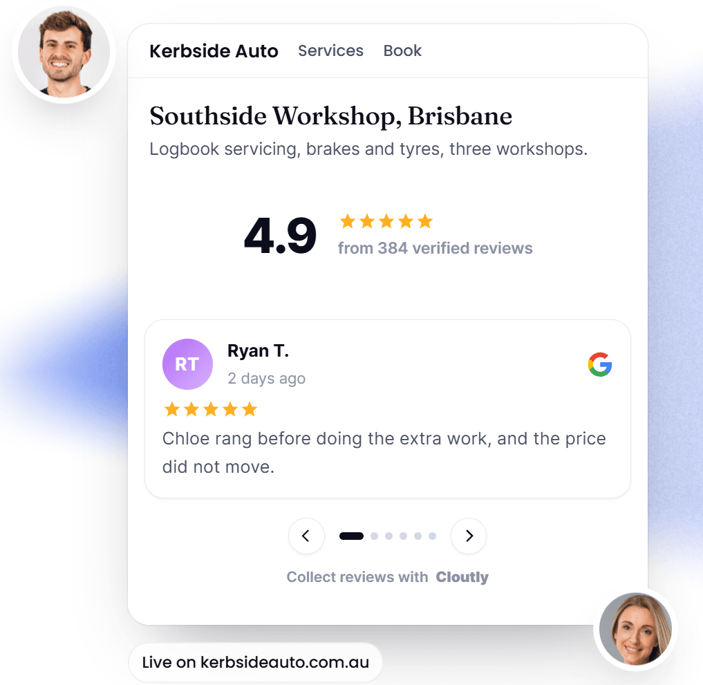 A review block on a workshop's website showing a 4.9 rating from 384 verified reviews above a single Google review card with the reviewer's initials, star rating and comment