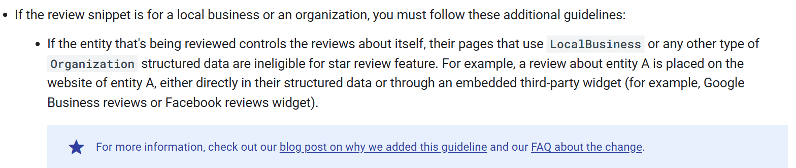 Google Search Central guideline stating that if the entity being reviewed controls the reviews about itself, its LocalBusiness or Organization pages are ineligible for the star review feature, giving an embedded third-party widget as the example
