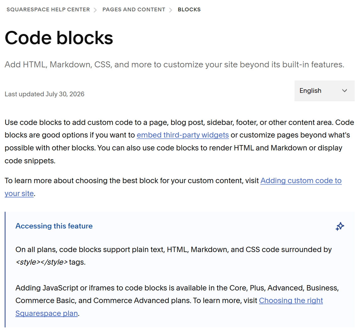 Squarespace's Code blocks help page, showing an Accessing this feature box that says all plans support plain text, HTML, Markdown and CSS, while JavaScript and iframes need the Core, Plus, Advanced, Business, Commerce Basic or Commerce Advanced plan
