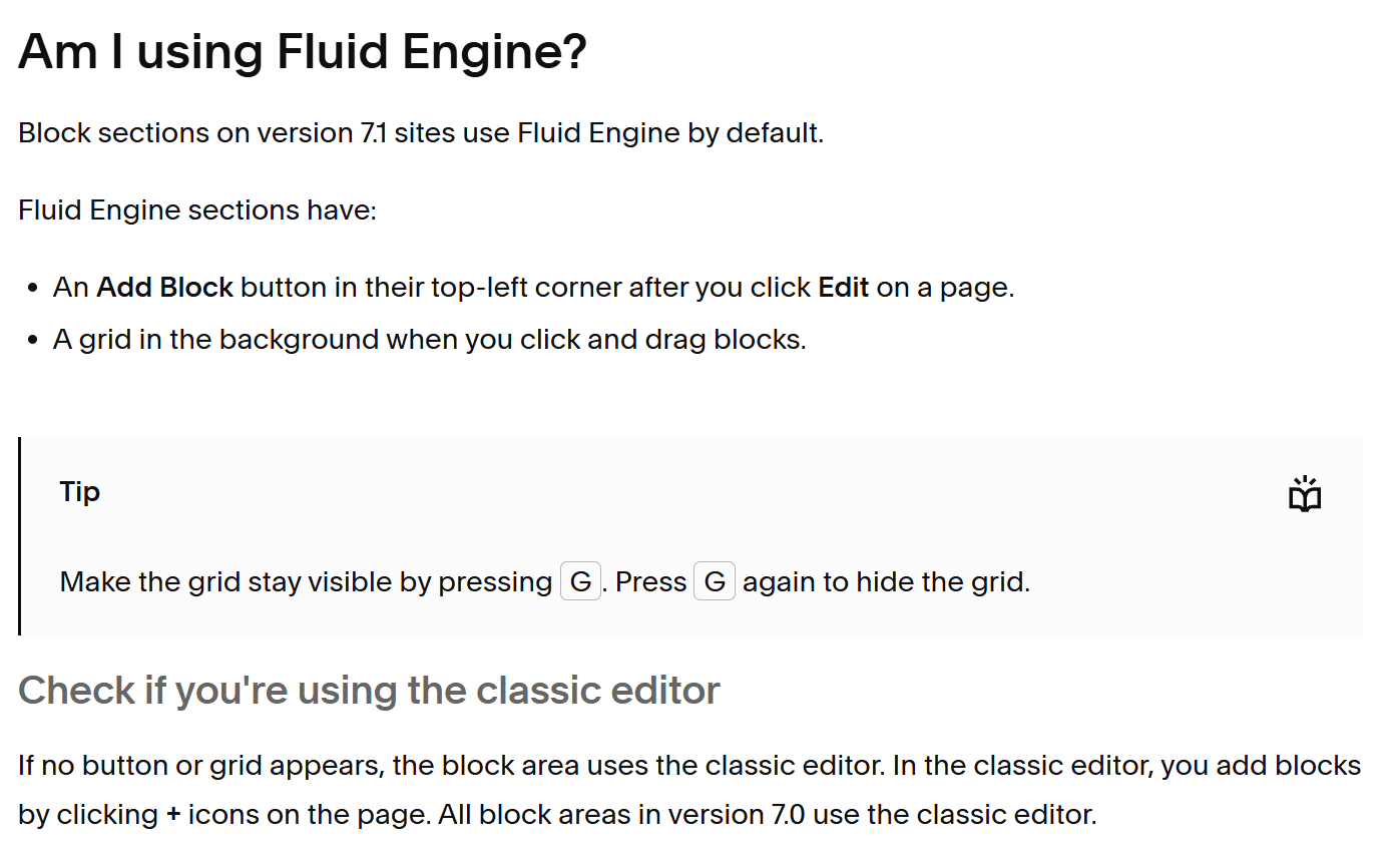 Squarespace's Am I using Fluid Engine section, listing the Add Block button and the background grid as the two tells, with a tip that pressing G keeps the grid visible and a note that version 7.0 block areas use the classic editor