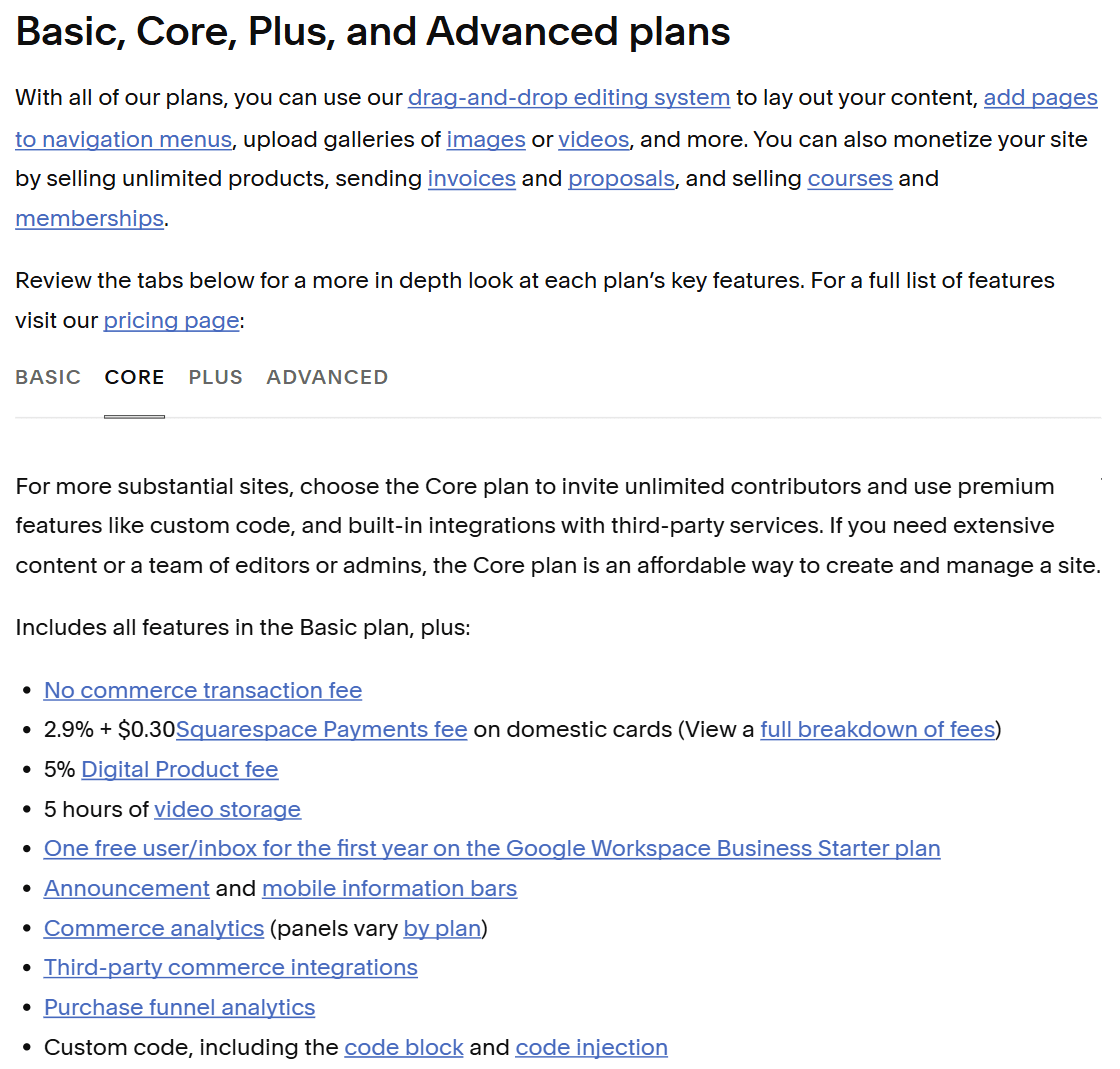 Squarespace's plan comparison with tabs for Basic, Core, Plus and Advanced, the Core tab open and its feature list ending with Custom code, including the code block and code injection