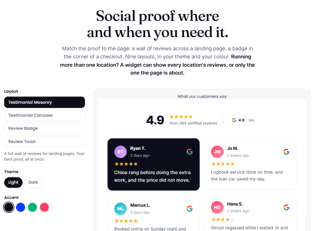 The Cloutly widget builder showing a layout list with Testimonial Masonry selected, light and dark theme buttons, four accent colour swatches, and a wall of Google reviews with a 4.9 rating header
