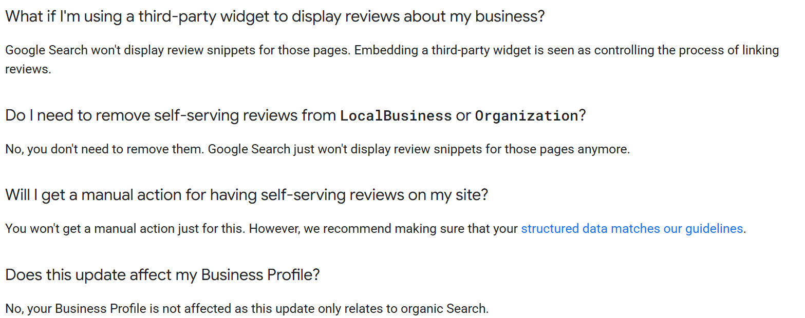 Google Search Central FAQ stating that Google Search will not display review snippets for pages using a third-party widget to display reviews about the business, because embedding a third-party widget is seen as controlling the process of linking reviews