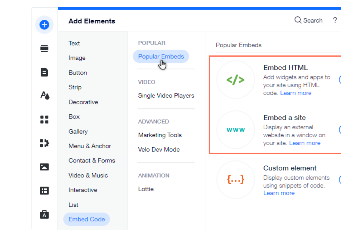 The Wix Editor's Add Elements panel with Embed Code selected in the left column, Popular Embeds highlighted in the middle, and Embed HTML and Embed a site outlined on the right
