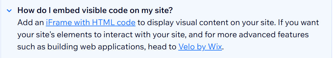 Wix FAQ reading How do I embed visible code on my site, answered with add an iFrame with HTML code to display visual content on your site