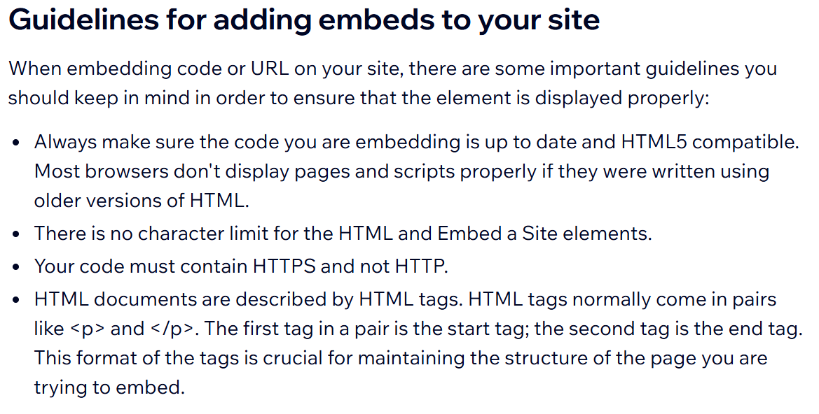 Wix's guidelines for adding embeds, listing HTML5 compatibility, no character limit, the rule that your code must contain HTTPS and not HTTP, and correct tag pairing