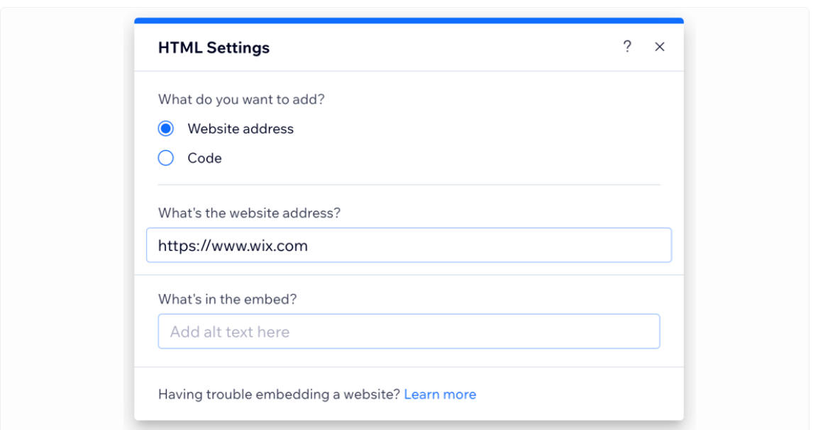 The Wix HTML Settings panel with the question What do you want to add, radio buttons for Website address and Code, a website address field, and an alt text field labelled What's in the embed