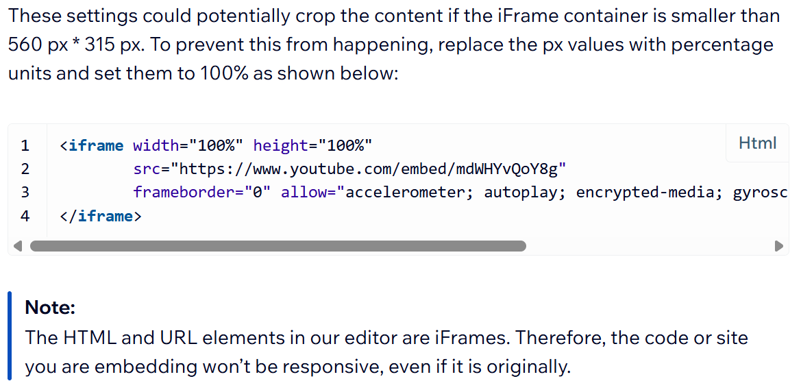 Wix support article showing the advice to replace px values with 100 percent, and a note reading The HTML and URL elements in our editor are iFrames, therefore the code or site you are embedding won't be responsive, even if it is originally