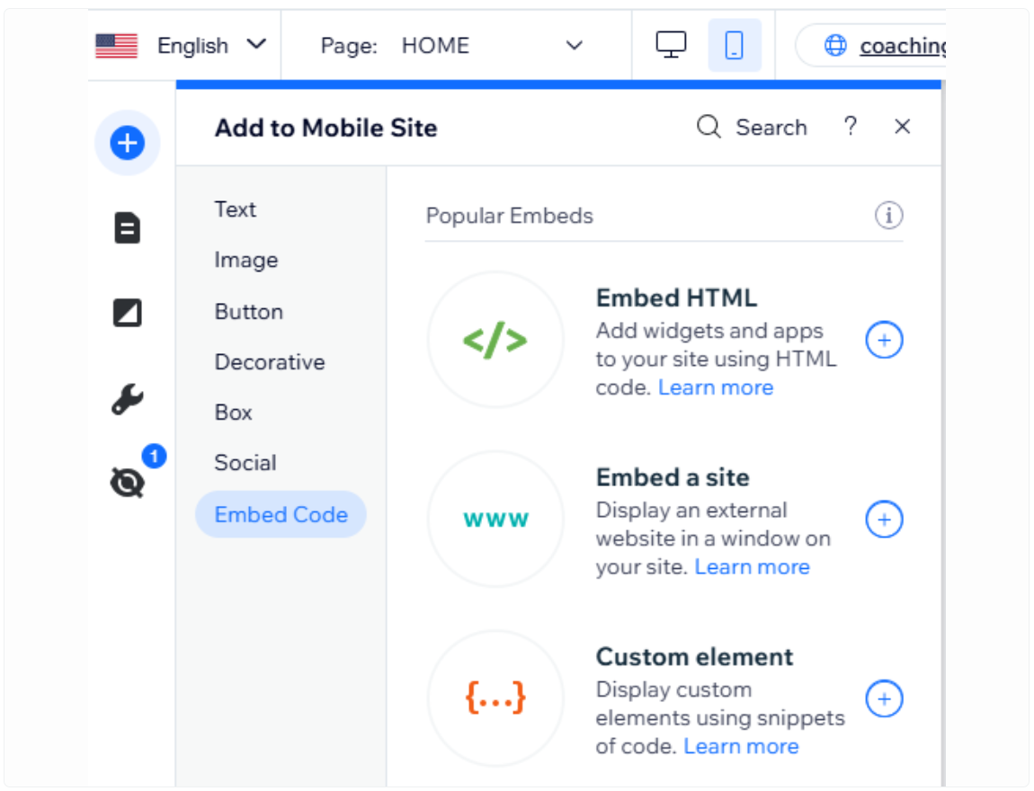 The Add to Mobile Site panel in the Wix mobile editor with Embed Code selected and Embed HTML, Embed a site and Custom element listed under Popular Embeds
