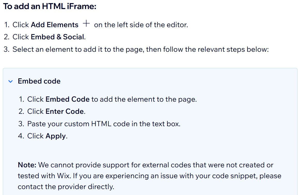 Wix Studio support steps: click Add Elements, click Embed and Social, then under Embed code click Embed Code, Enter Code, paste your custom HTML and click Apply