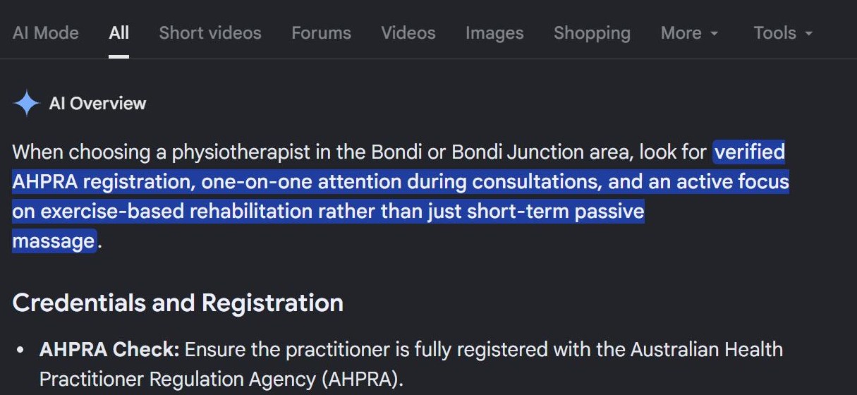 A Google AI Overview headed with the AI Overview label, answering a question about choosing a physiotherapist in Bondi, with a one-sentence summary above a section headed Credentials and Registration