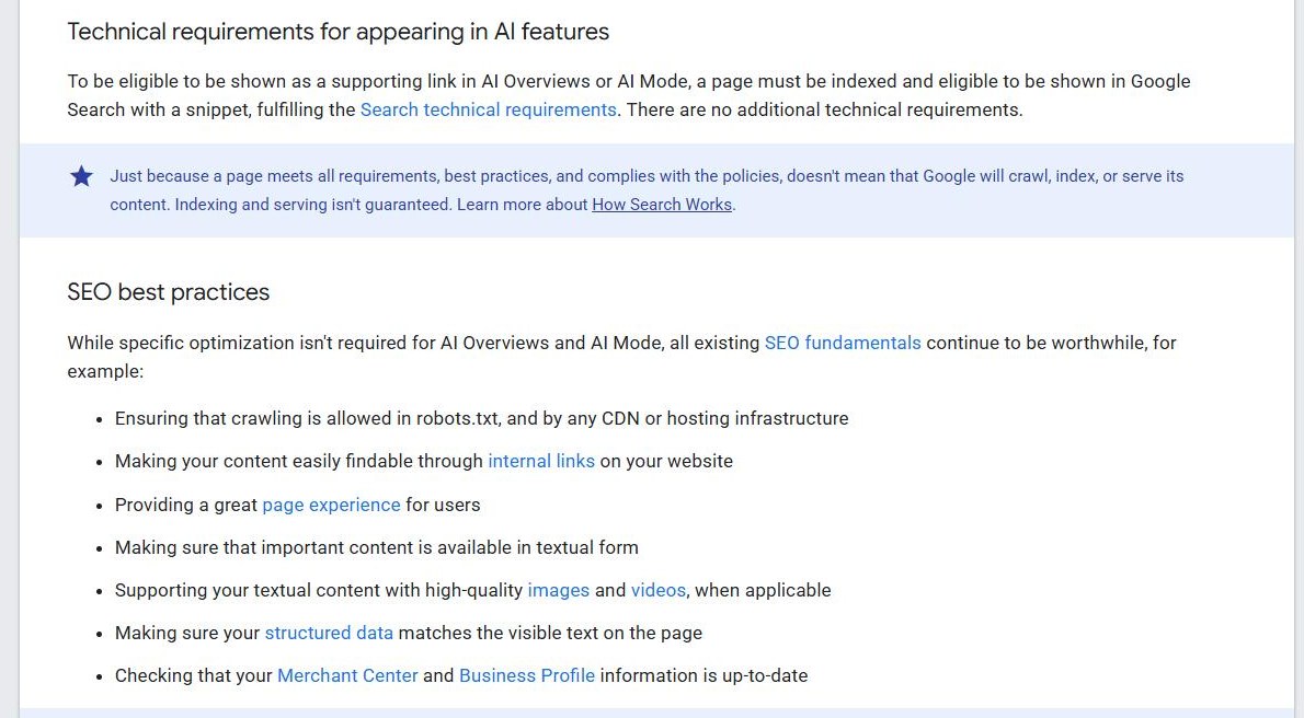 Google Search Central's AI features guide, showing the section headed "Technical requirements for appearing in AI features" and, below it, the SEO best practices list ending with the bullet "Checking that your Merchant Center and Business Profile information is up-to-date"