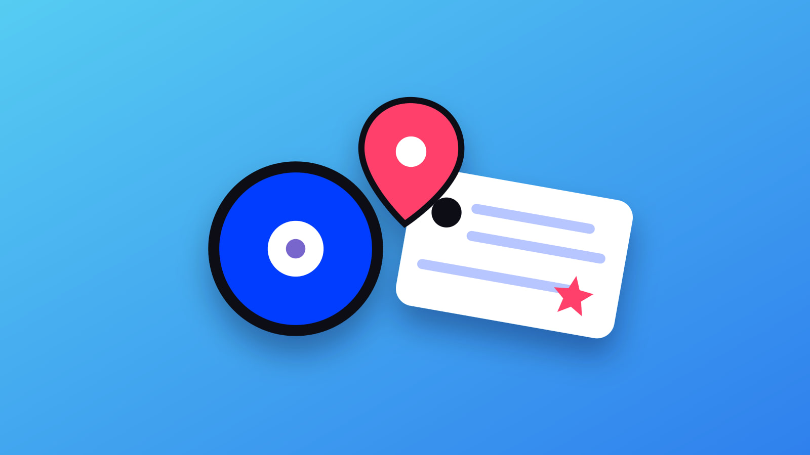 Illustrated search orb, review bubble and map pin