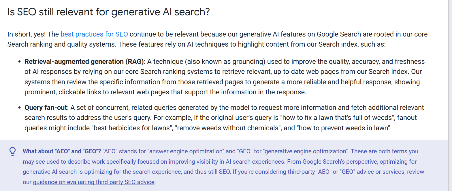 Google Search Central documentation saying that generative AI features are rooted in core Search ranking and quality systems, defining retrieval-augmented generation and query fan-out, with a callout explaining that from Google Search's perspective AEO and GEO are still SEO