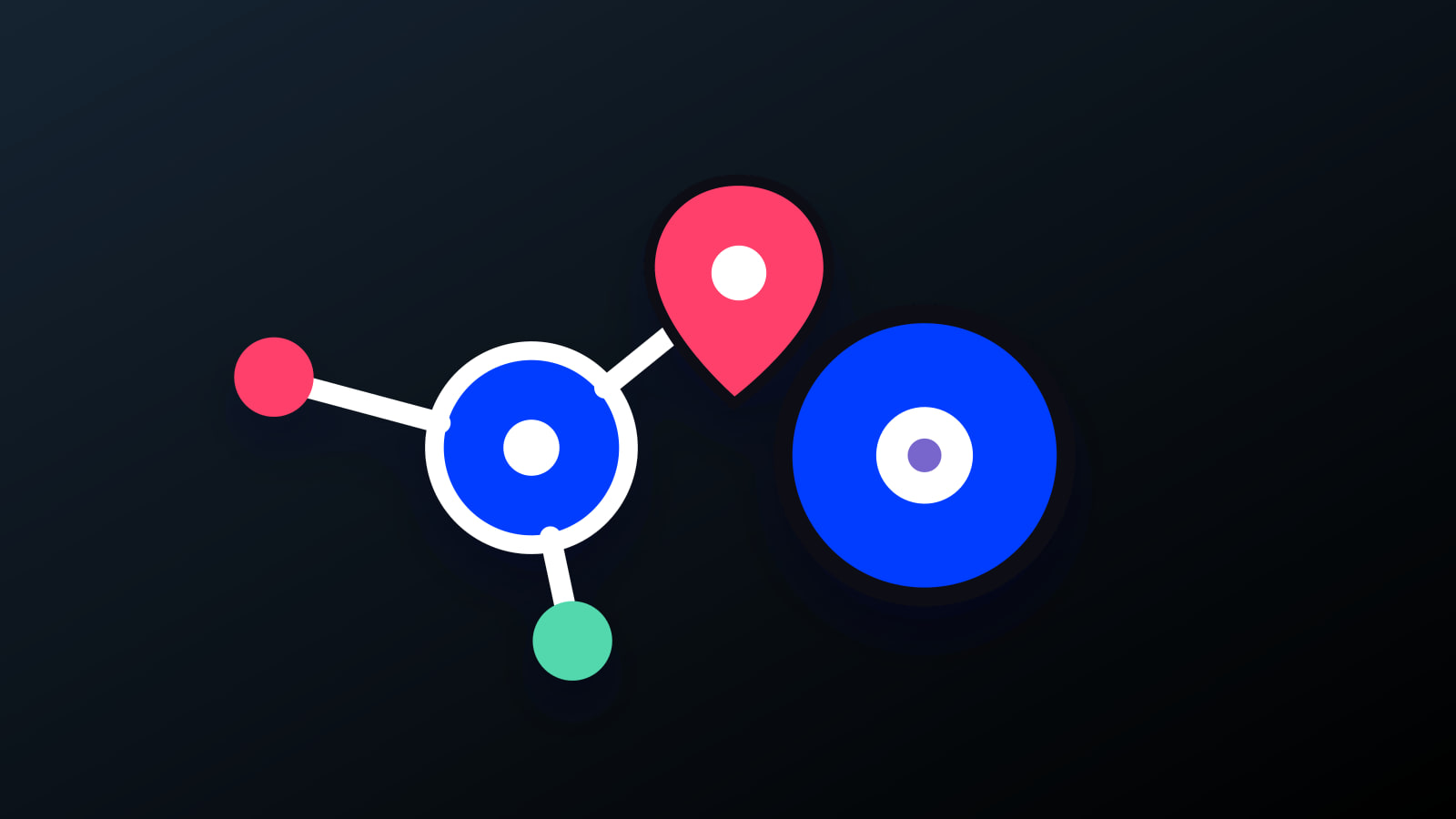 Illustrated search node linked to map pins